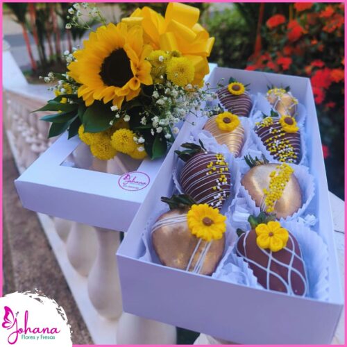 🌻 Dulzura Radiante – Caja de Fresas con Chocolate & Girasoles